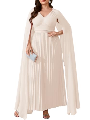 TIARALY Women's Plus Size Wedding Guest Dress Chiffon Cape Long Sleeve Pleated A-line Dresses Evening Formal Gowns, Beige, 1X