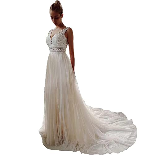 Sorayan Wedding Dresses for Bride Illusory Lace Bohemia V Neck Layers Tulle A Line Beachy Wedding Gowns(Small) White