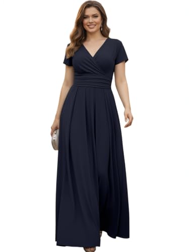 KOH KOH Long Pleated Short Cap Sleeve V-Neck Flowy Wedding Guest Bridesmaid Dressy Elegant Evening Empire Waist Spring Summer Modest Maxi Dress Gown, Dark Navy Blue L 12-14