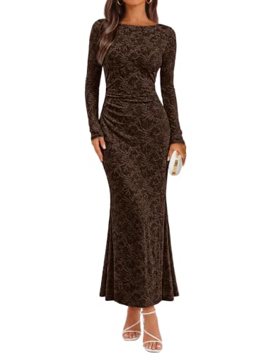 MEROKEETY Women's Fall Wedding Guest Formal Floral Maxi Dress, Coffee, S