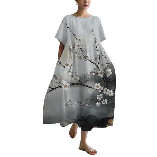 Plus Size Maxi Dress Casual Loose Novelty Chinese Style Dress Trendy Summer Short Sleeve Kaftan Cotton Linen Dresses Bohemian Clothes Ladies Elegant Dresses,2XL