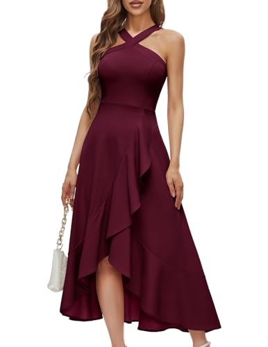 Burgundy Women Halter Cocktail Wedding Guest Formal Dress Burgundy 3XL