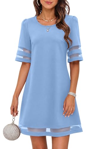 IHOT Women's Semi Formal Dresses Elegant Wedding Guest Dresses for Women A Line Flowy Mesh Trim Church Dress Short Tea Party Garden Dinner Brunch Business Casual Dress Light Blue Medium