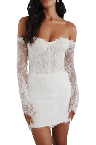 UZN Mini Lace Bridal Wedding Gowns for Bride Long Sleeve Strapless Tulle Applique Corset Short White Wedding Dress for Bridal Shower US4