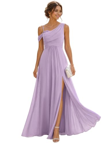Ever-Pretty Women's Sleeveless Chiffon Summer Formal Wedding Guest Dress One Shoulder A-Line Split Bridesmaid Dresses Frosted Lilac US4