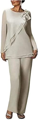 TOPGH Mother of The Groom Pants Set 2 PCS Chiffon Formal Wedding Evening Groom Gowns Plus Size 14 Silver Grey