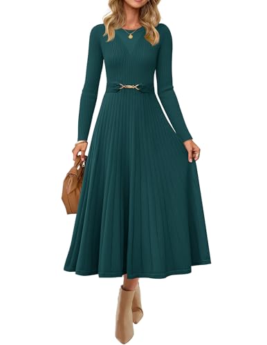 ZESICA Womens Fall Long Sleeve Pleated Midi Sweater Dresses Teal S