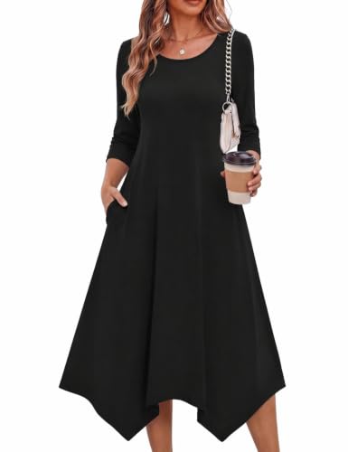 Zeagoo Black Mothers Day Dress for Women Funeral 3/4 Sleeve Midi Dress for Women Dresses with Sleeves Tea Length Aline Flowy Tunic Dresses Black M