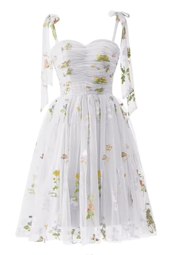 Maxianever Flower Homecoming Dresses for Teens White Spaghetti Straps Women's Short Formal Embroidery Tulle Prom Gowns US2
