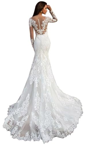 Yuxin lace Mermaid Wedding Dresses for Bride 2026 Long Sleeve Boho Applique Trumpet Ivory Bridal Dress Wedding Gown with Train us8