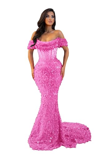 Beaded Mermaid Prom Dresses 2026 Long Off Shoulder Sparkly Sequin Sexy Sheer Evening Gowns for Women Formal Party Dresses Pink 6 MX573
