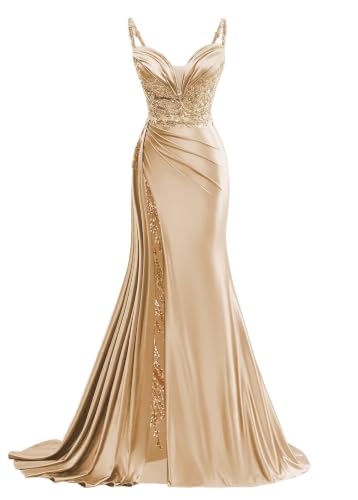 V Neck Satin Prom Dresses Long Mermaid Lace Formal Evening Gown with Slit