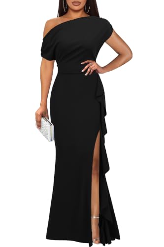 WOOSEA Women's Elegant Sleeveless Off Shoulder Sexy Ruffle Split Style Evening Formal Party Maxi Dress Black