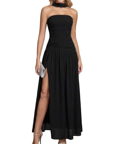 GLNEGE Halter Tube Top Strapless Formal Wedding Guest Cocktail Maxi Dress | Women's Ruched Pleated Mesh Slit Long Dress Elegant Evening Prom Bridal Shower Floral High Waist Dress