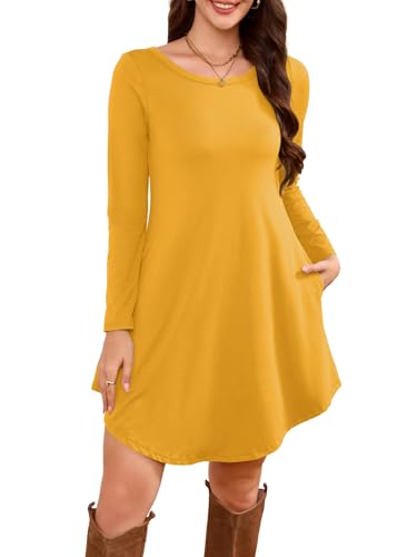 DEARCASE Women's Long Sleeve Knee Length T Shirt Dress,Yellow, Medium