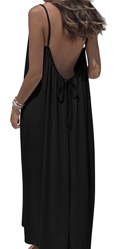 OFEEFAN Womens Summer Dresses 2026 Backless Cami Maxi Dress Plus Size Sundresses Spaghetti Strap Beach Vacation Clothes Swimsuit Coverup Black 3XL
