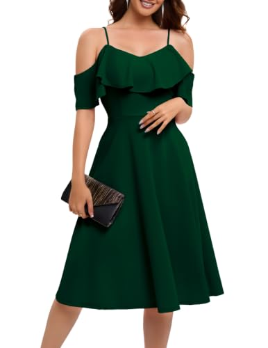 Bbonlinedress Women's Cocktail Dresses 2025, Formal Fall Wedding Guest Dress HOCO Off The Shoulder Bridesmaid Prom Cocktail Party Midi Dress Dark Green M