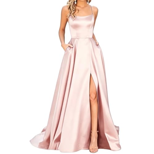 Women's Satin A-Line Prom Dress Spaghetti Straps Formal Gown Pink