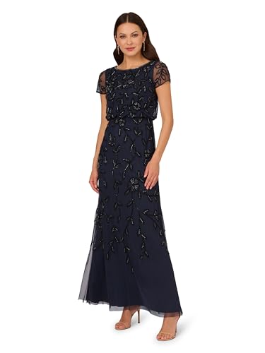 Adrianna Papell Women's Blouson Beaded Long Dress, Navy Black, 14