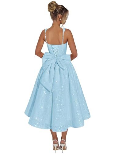 Light Blue Prom Dress Sequin Spaghetti Strap Sparkly Wedding Guest Dress for Women 2026 Tea Length Square Neck Ball Formal Evening Gown with Bow Size 8 Light Blue