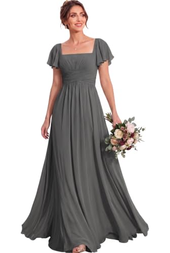 MisShow Women's Flutter Sleeves Bridesmaid Dresses Square Neck Chiffon Maxi Dress A Line Formal Evening Gown Gray