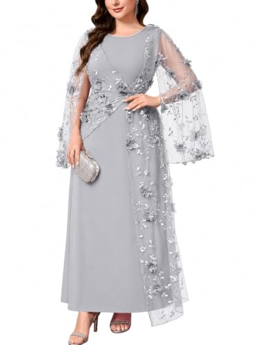 TIARALY Plus Size Evening Dress 3D Floral Mesh Split Cape Sleeve Twist Waist A-Line Maxi Gown for Wedding Guest Cocktail, Silver, 2X