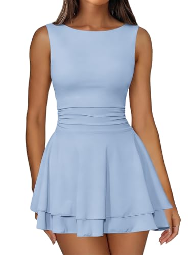 IWD Womens Ruffle Hem Boat Neck Mini Dress Ruched Corset Waist Holiday Party Dress Sleeveless Flowy A Line Cute Short Sundresses Light Blue X-Small