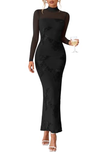 Lazysmile Women's Cocktail Long Mesh Sleeve Black Wedding Guest Dress