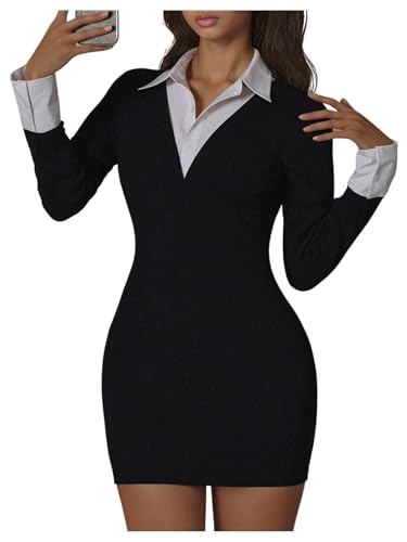 SOLY HUX Women's Y2k Collared Long Sleeve Bodycon Mini Dress | Going Out, Elegant Office Dresses, Business Casual Outfits, Black and White, Medium