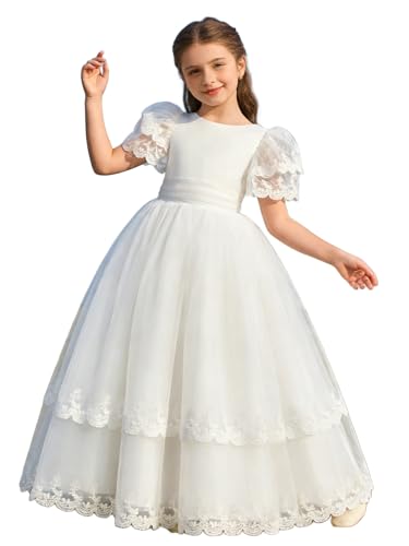 Flower Girl Dress for Wedding Lace First Communion Dresses Kids Birthday Party Pageant Ball Gown(Size 8,02White)
