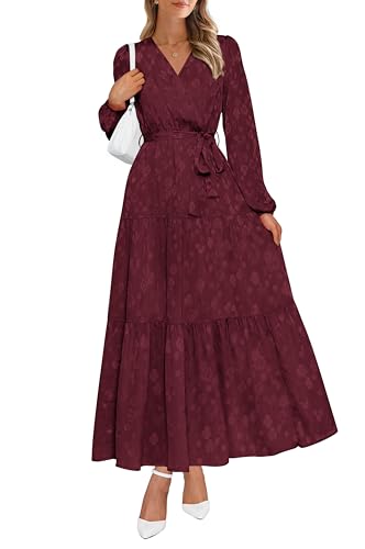 PRETTYGARDEN Womens Long Sleeve Boho Floral Wrap Maxi Dress(Wine Red,S)