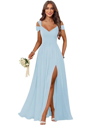 Egorfic Sky Blue Chiffon Cold Shoulder Bridesmaid Dresses with Slit Pleated Flowy Long Formal Evening Party Gown A-Line Wedding Guest Dress Size 12