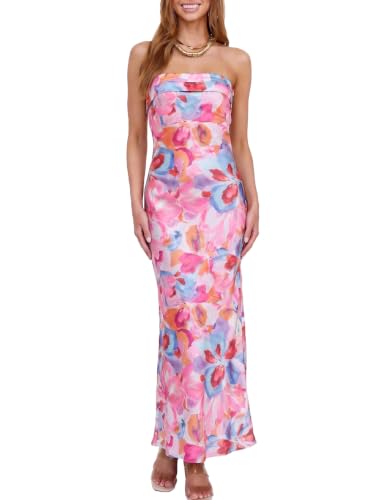 Realtix Summer Satin Strapless Backless Maxi Dress for Women Wedding Guest
