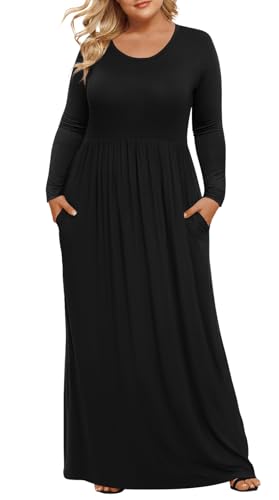 LONGYUAN Womens Plus Size Dresses Long Sleeve Maxi Dress Black 2XL