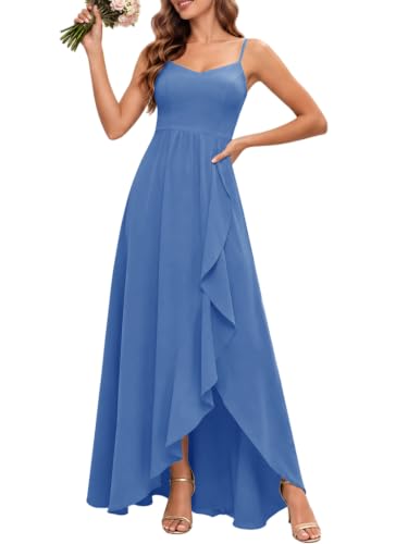JAEDEN Bridesmaid Dresses Ruffles Wedding Guest Dresses for Women | Spaghetti Straps,V Neck,Flowy Asymmetric Hem,A Line,Lace up Back,High Slit,Formal Cocktail Dresses,Prom Gowns