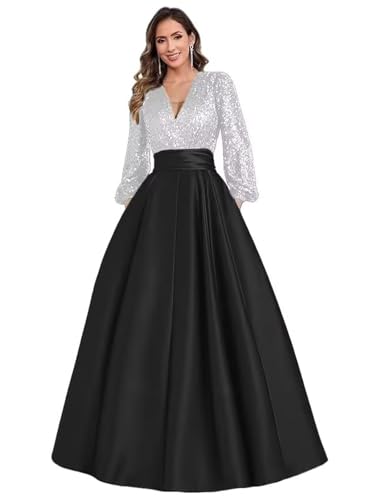 A Line Satin Plus Size Mother of The Bride Dresses for Women White Black Sparkly Sequin Long Sleeve Flowy Puffy Wedding Guest Dress Elegant Long Formal Evening Ball Gown with Pockets US16W