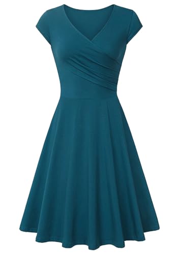 YMING Womens V Neck Midi Dress Tea Party Solid Color Dresses Turquoise XL