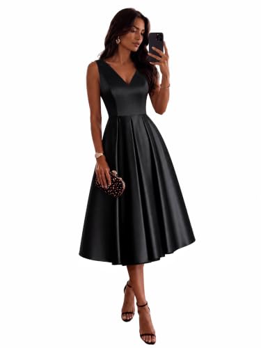 Ever-Pretty Women's Midi Cocktail Dresses Satin Formal Wedding Guest Dress | Formal Gown, Formal Dresses for Women, A-Line, V-Neck, Sleeveless, With Pockets, Black, US16