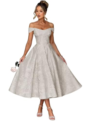 Jamiland Jacquard Satin Tea Length Wedding Dresses for Bride Ivory US6
