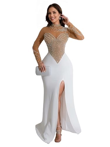 Figdaw Sequin Evening Gowns for Women Elegant Classy,Formal Rhinestone Dresses Sparkly Long Prom Dress with Slit(Beige,M,6825)