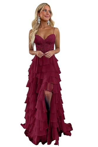 Lace Applique Tiered Prom Dresses for Women with Slit Long 2026 Maxi Spaghetti Strap Corset Chiffon Evening Party Gowns for Teens Wine Red US10
