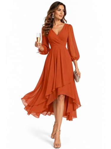 Ever-Pretty Women's Long Sleeves Midi Fall Cocktail Wedding Guest Dresses | Formal Wedding Guest Dresses, Winter Semi Formal Dress, Chiffon, V-Neck, Burnt Orange US16