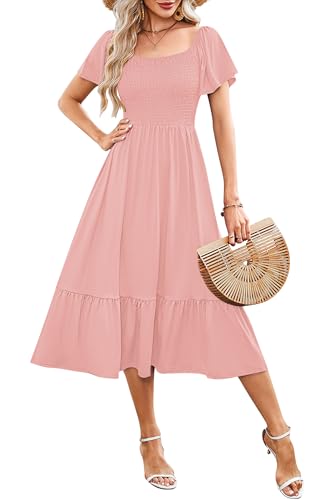 AUSELILY Women's Summer Smocked Short Sleeve Midi Dress Light Pink