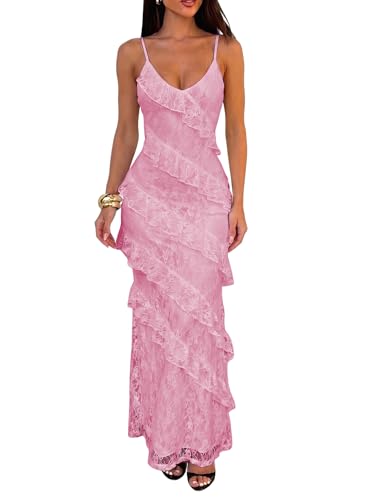 Women's Sexy V Neck Floral Wedding Guest Cocktail Maxi Dress, L, Pink