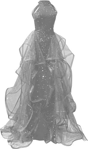 Zeeyecie Sequin Grey Prom Dresses 2026 Ball Gown for Women High Neck Wedding Dress Sparkly Long Tulle Evening Formal Dresses with Train US14