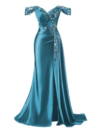 AIRTUI V Neck Satin Prom Dresses 2026 Off Shoulder Evening Party Gown Teal