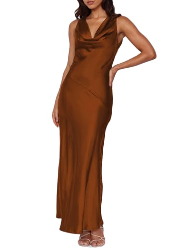 KOUNAI Satin Backless Formal Maxi Dresses for Women Wedding Guest Brown