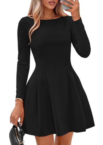 IWD Boat Neck Long Sleeve Mini Homecoming Dresses for Women Elegant Classy A Line Cocktail Party Short Black Dress, Medium