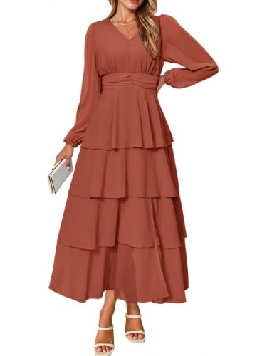 BerryGo Women's Chiffon Maxi Dresses A Line Long Sleeve High Waisted Tiered Swing Holiday Vacation Semi Formal Dress(Caramel,Large)