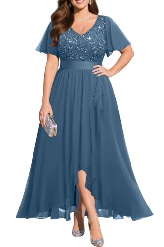 Plus Size Formal Mother of Bride Groom Dusty Blue Wedding Guest Long Dress | sequin-lace top, empire waist, high-low hem, lightweight chiffon, wedding,evening, prom, bridesmaid, cocktail gown